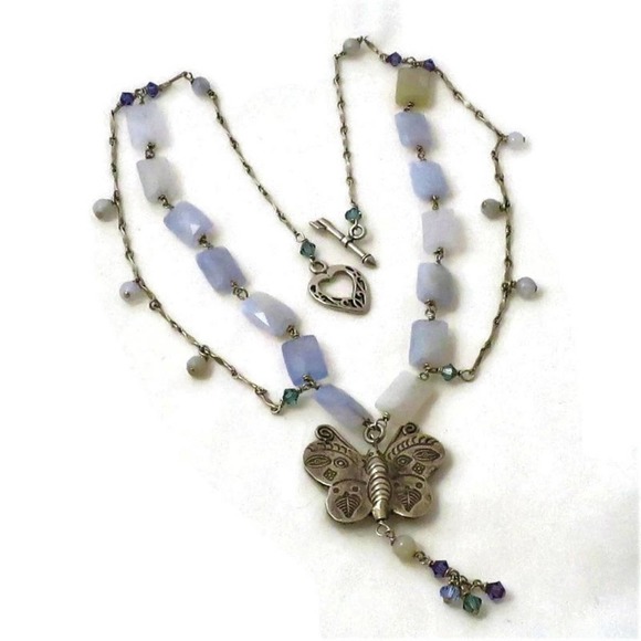 Sterling Butterfly Necklace Regencycore Blue Agate Mariposa Fantasy - Picture 2 of 8